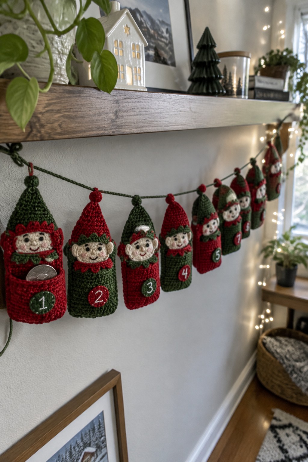 Crocheted red and green elf garland with numbered pockets hanging below mantel shelf