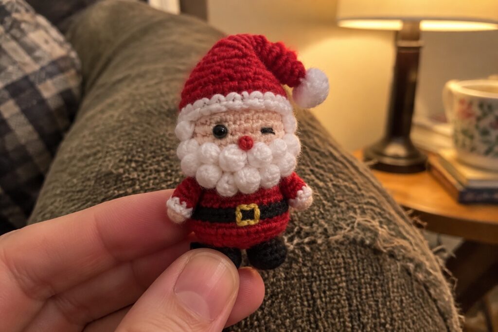 Fingers hold tiny crocheted Santa doll in red suit with white beard.