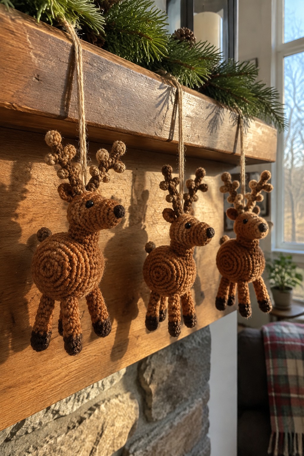 Three crocheted brown reindeer ornaments hanging from a wooden mantel with pine greenery.