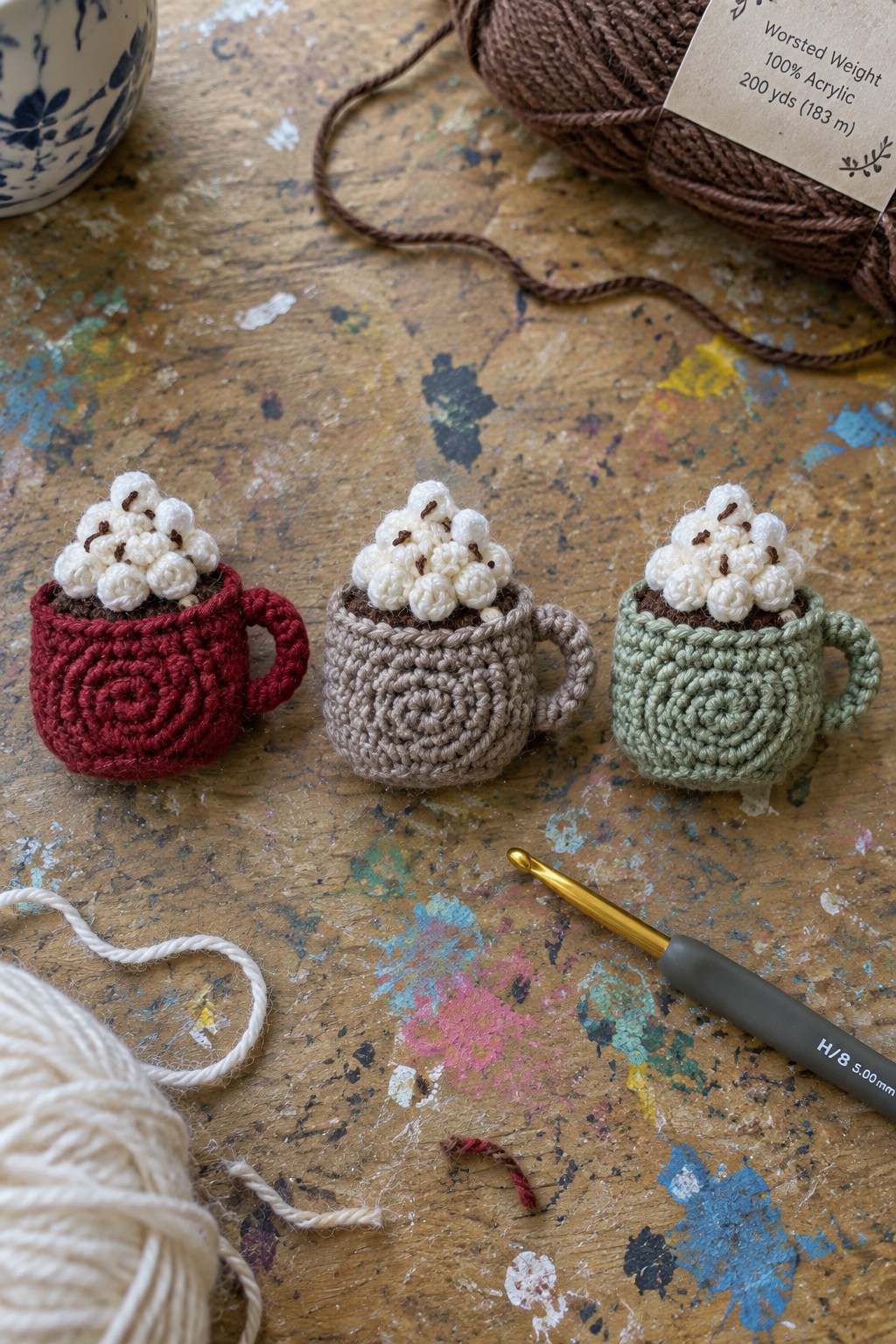 Three crocheted mugs in red, beige, and green with whipped cream tops and hook.