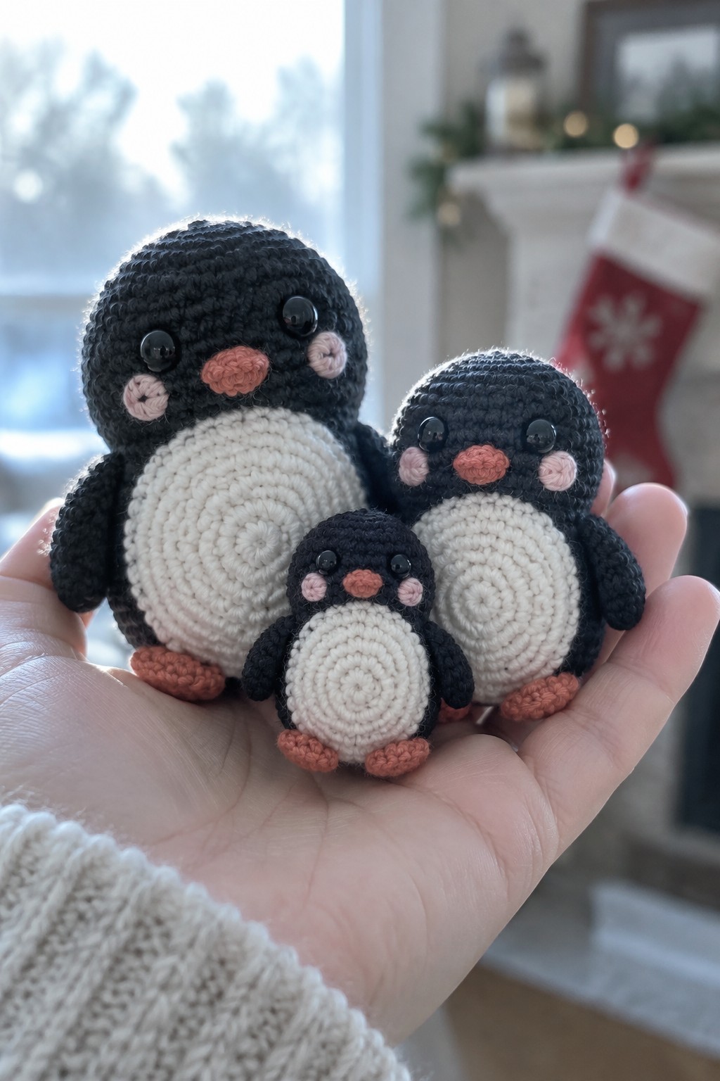 Three crocheted black-and-white penguins of different sizes held in an open hand.
