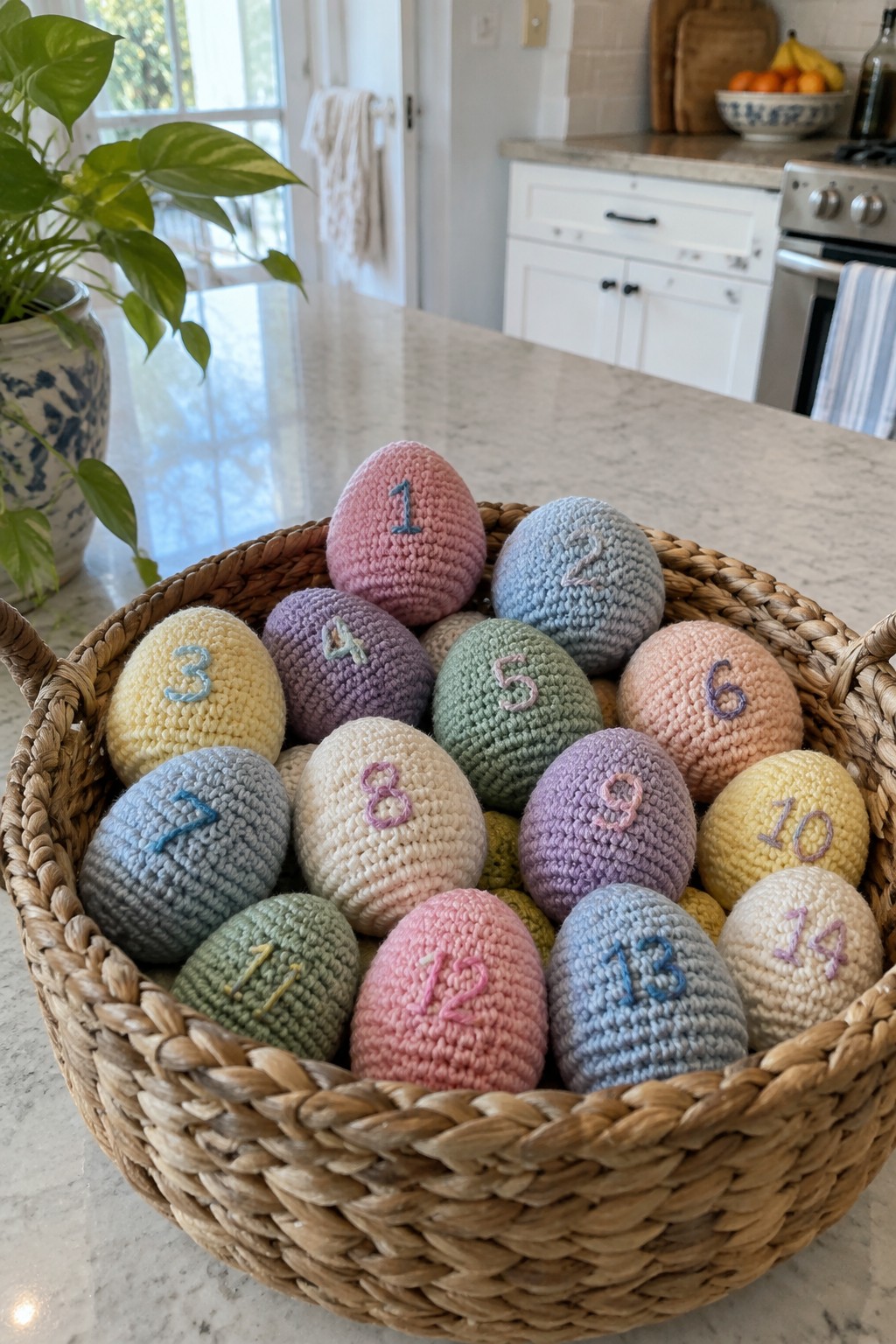 Woven basket of pastel crocheted eggs numbered 1–14 on marble counter.