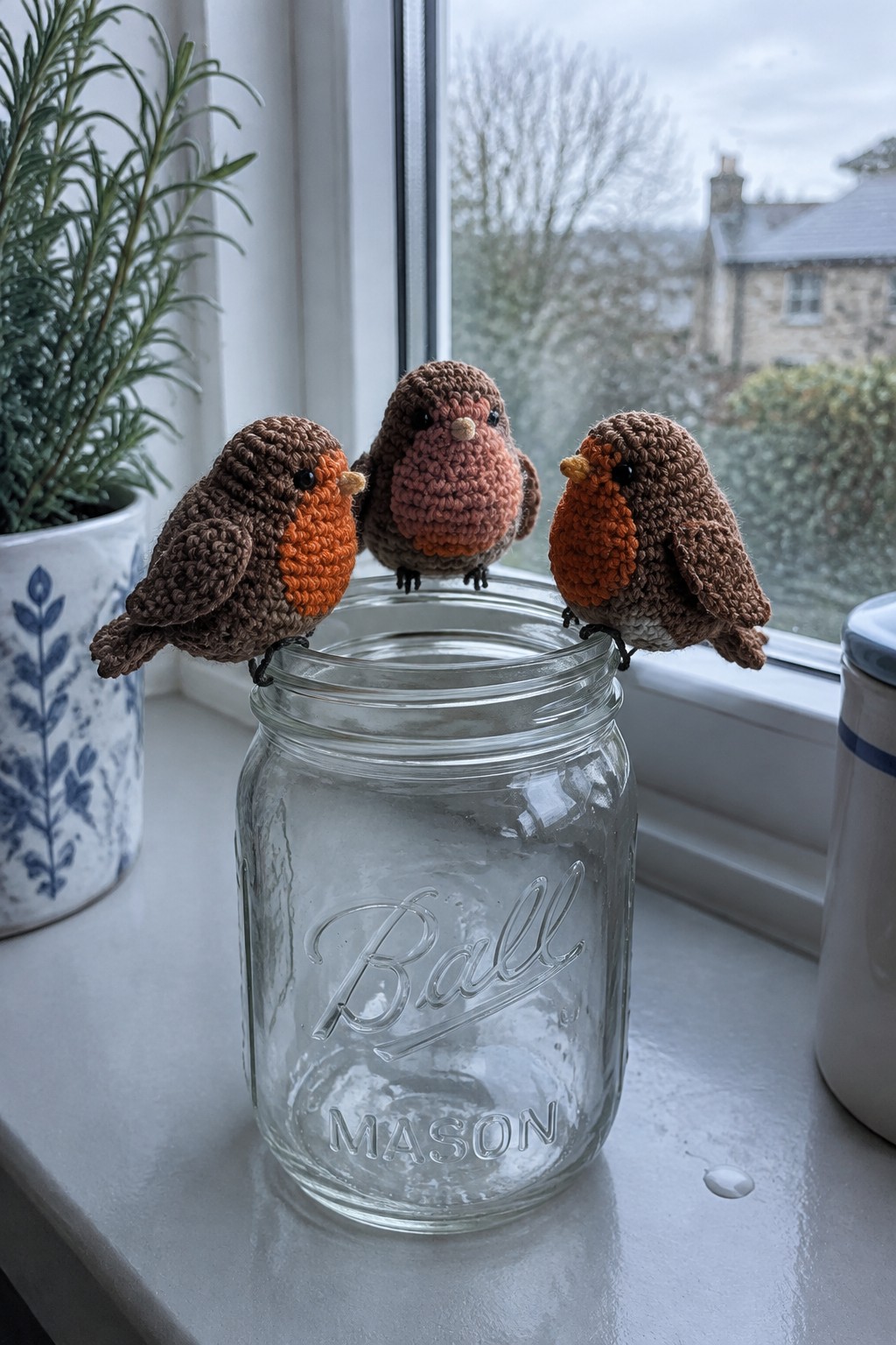Three crocheted robins perched on a glass Ball mason jar windowsill