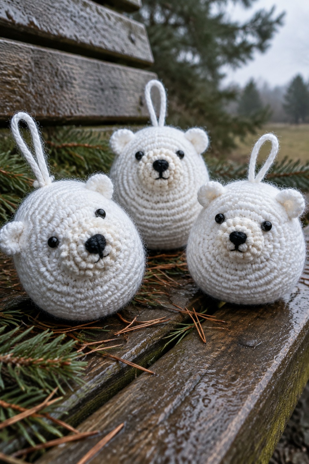 Three white crocheted bear ornaments on a wooden bench with pine needles.