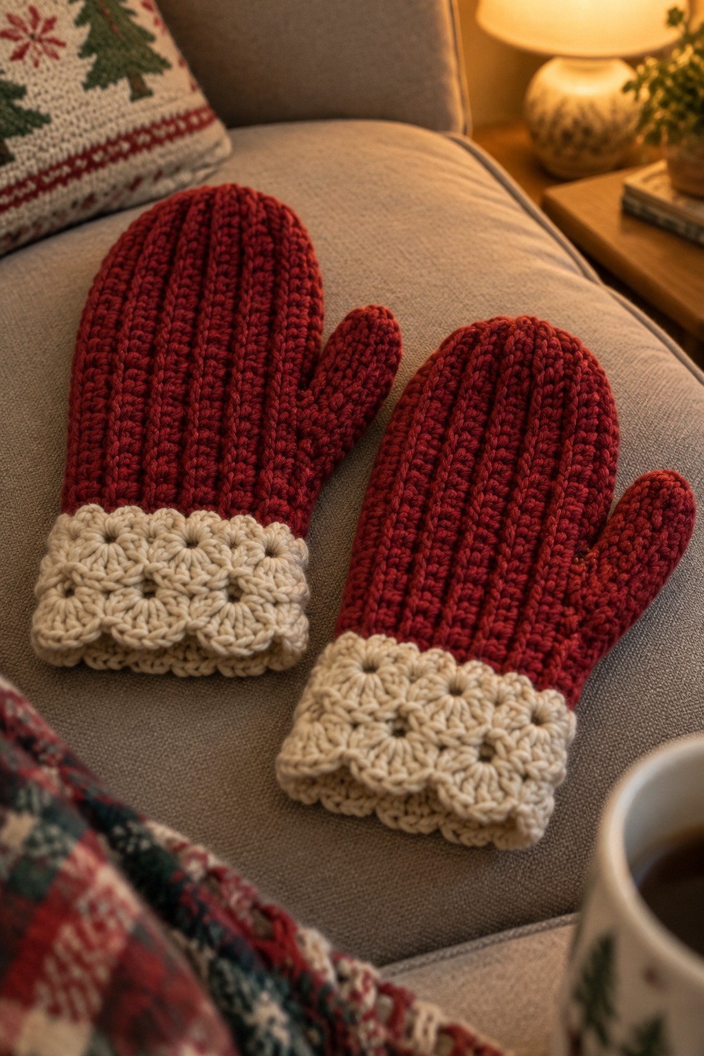Red knitted mittens with cream cuffs on gray couch beside Christmas pillow.