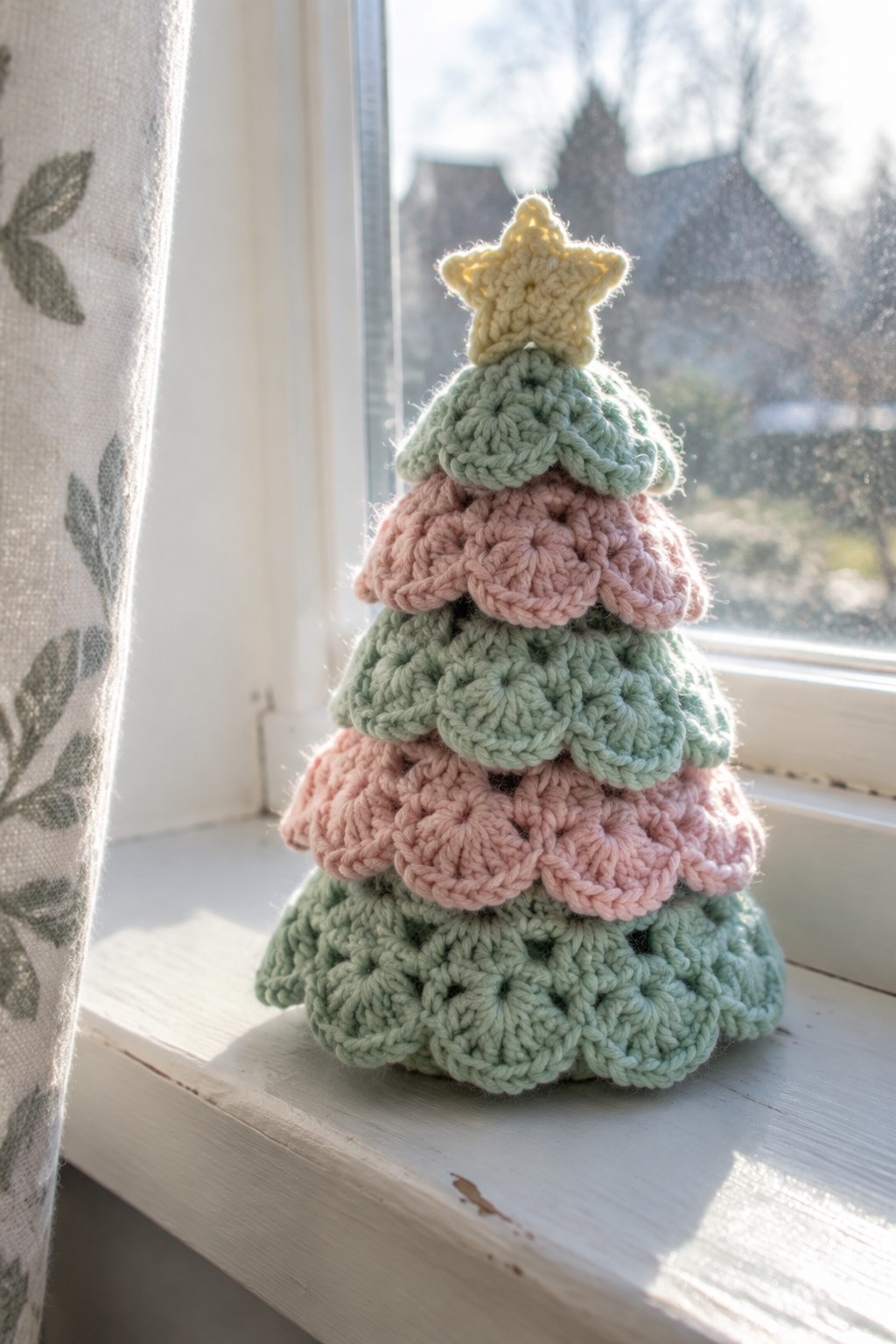 Pastel crocheted Christmas tree with yellow star on sunny windowsill beside curtain