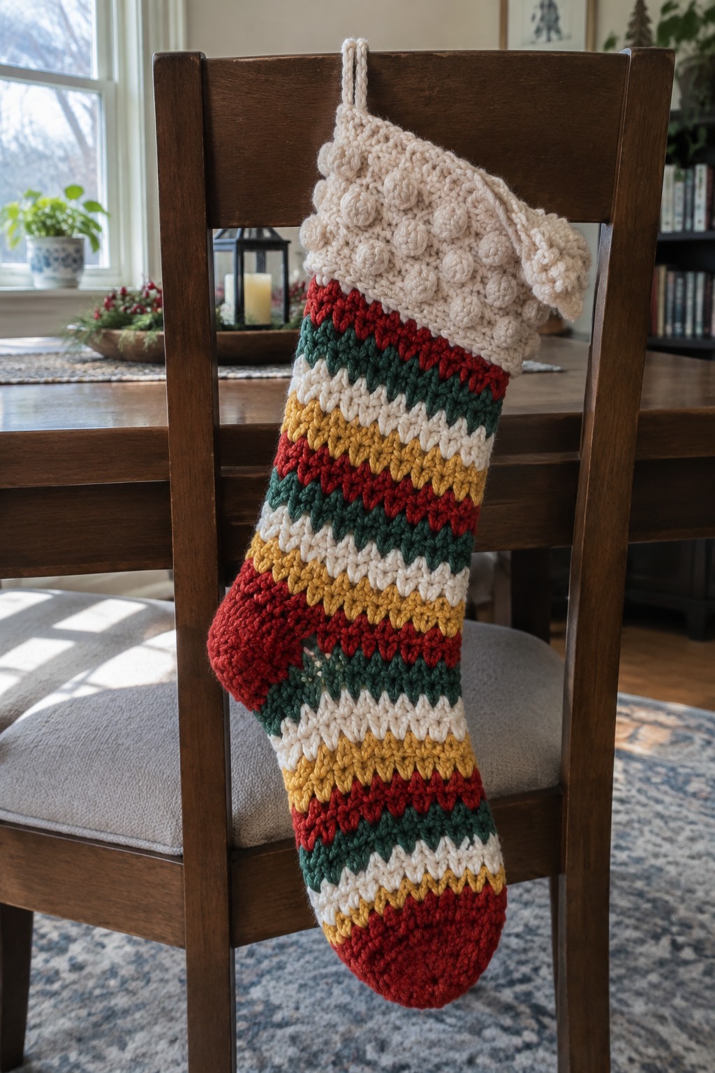 Colorful striped crocheted Christmas stocking with bobble cuff on wooden chair