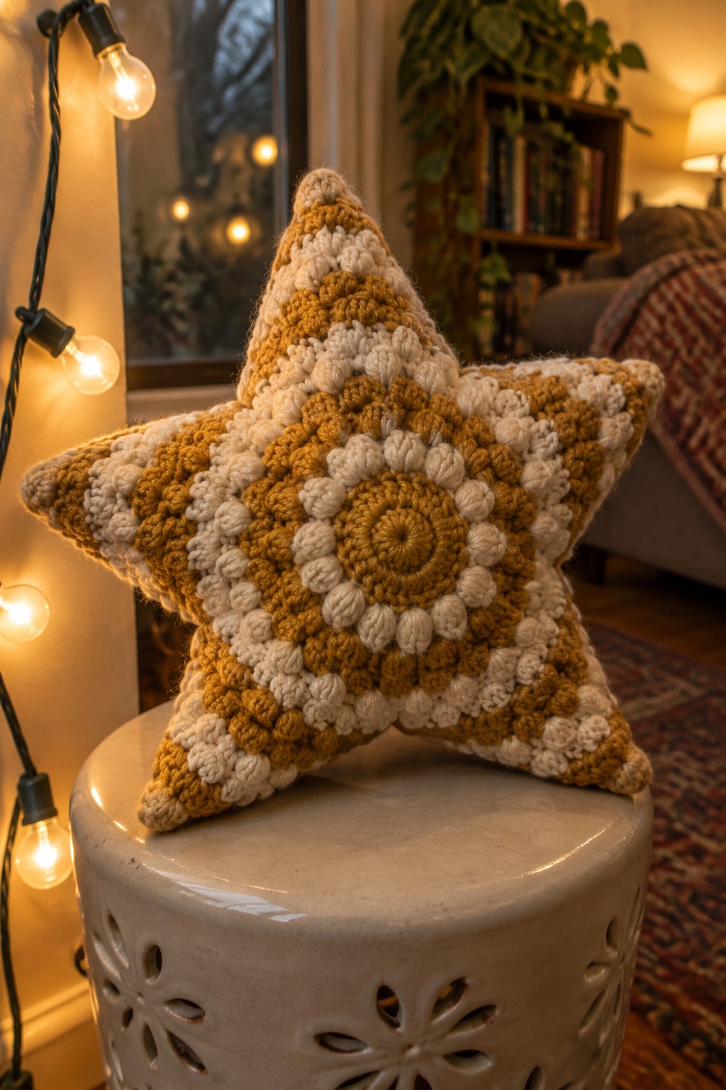 Crocheted mustard-yellow and white star pillow on a ceramic stool