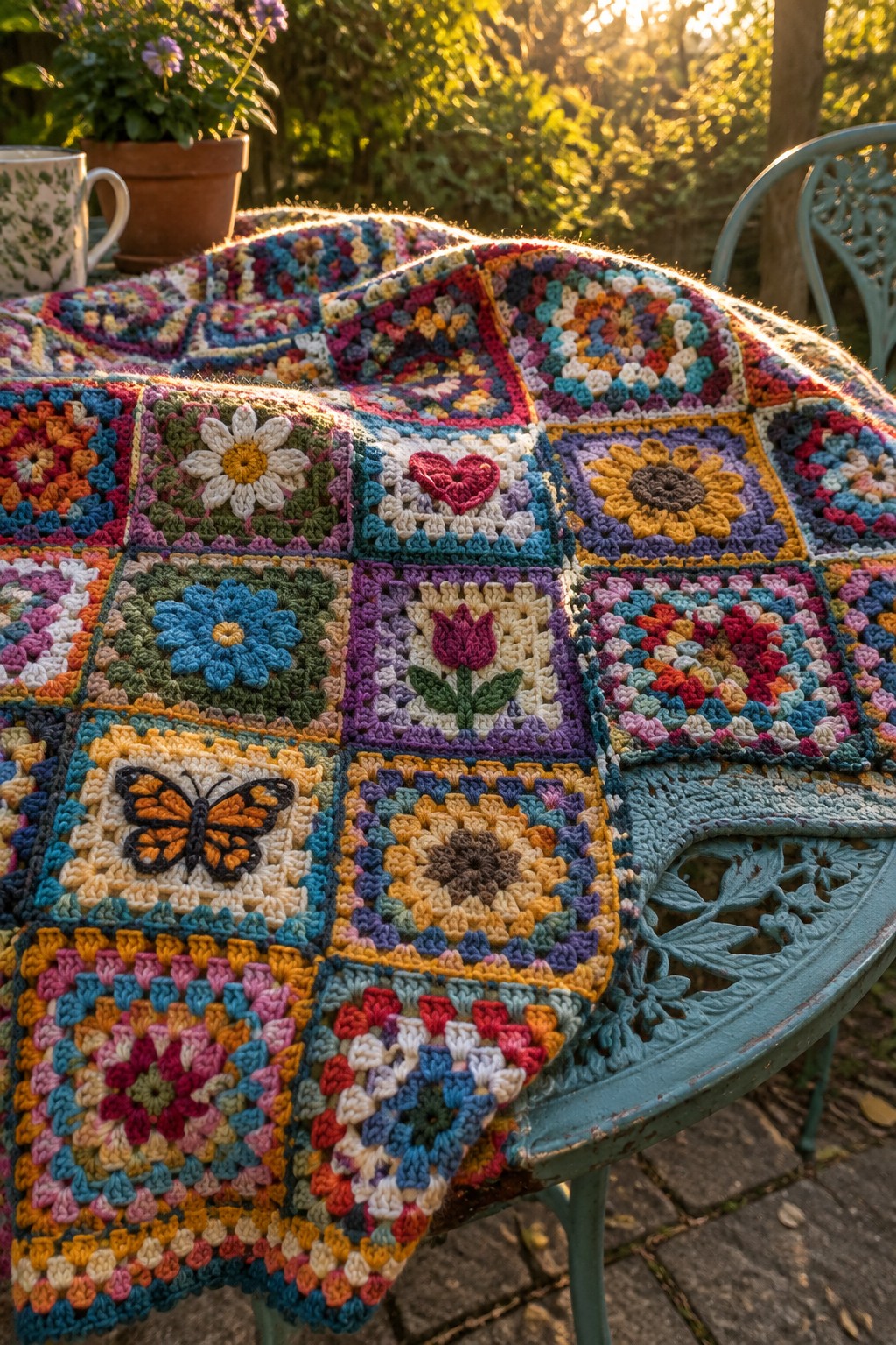Colorful crocheted blanket with butterfly and flowers on turquoise metal chair outdoors