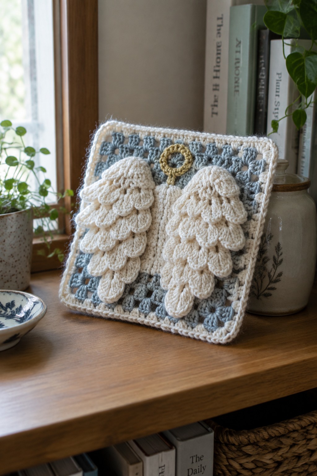 Crocheted angel wings with gold halo on blue and white granny square.