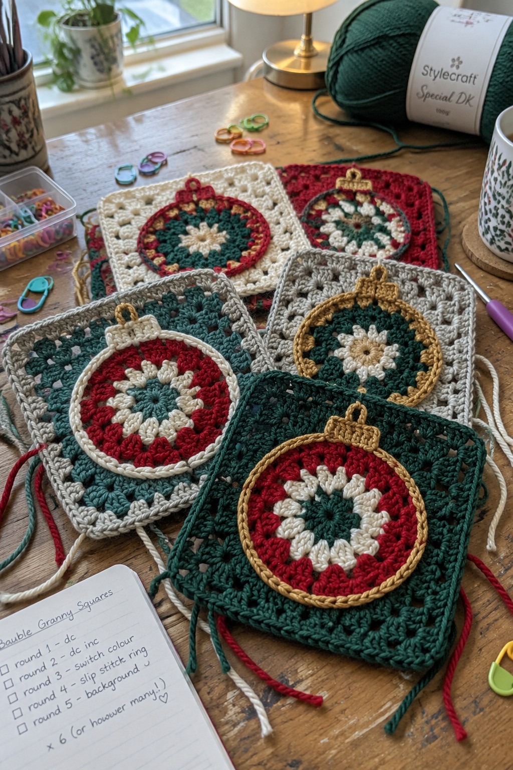 Crocheted granny squares with red, green, white, and gold bauble motifs laid on a wooden table next to yarn and a notebook.