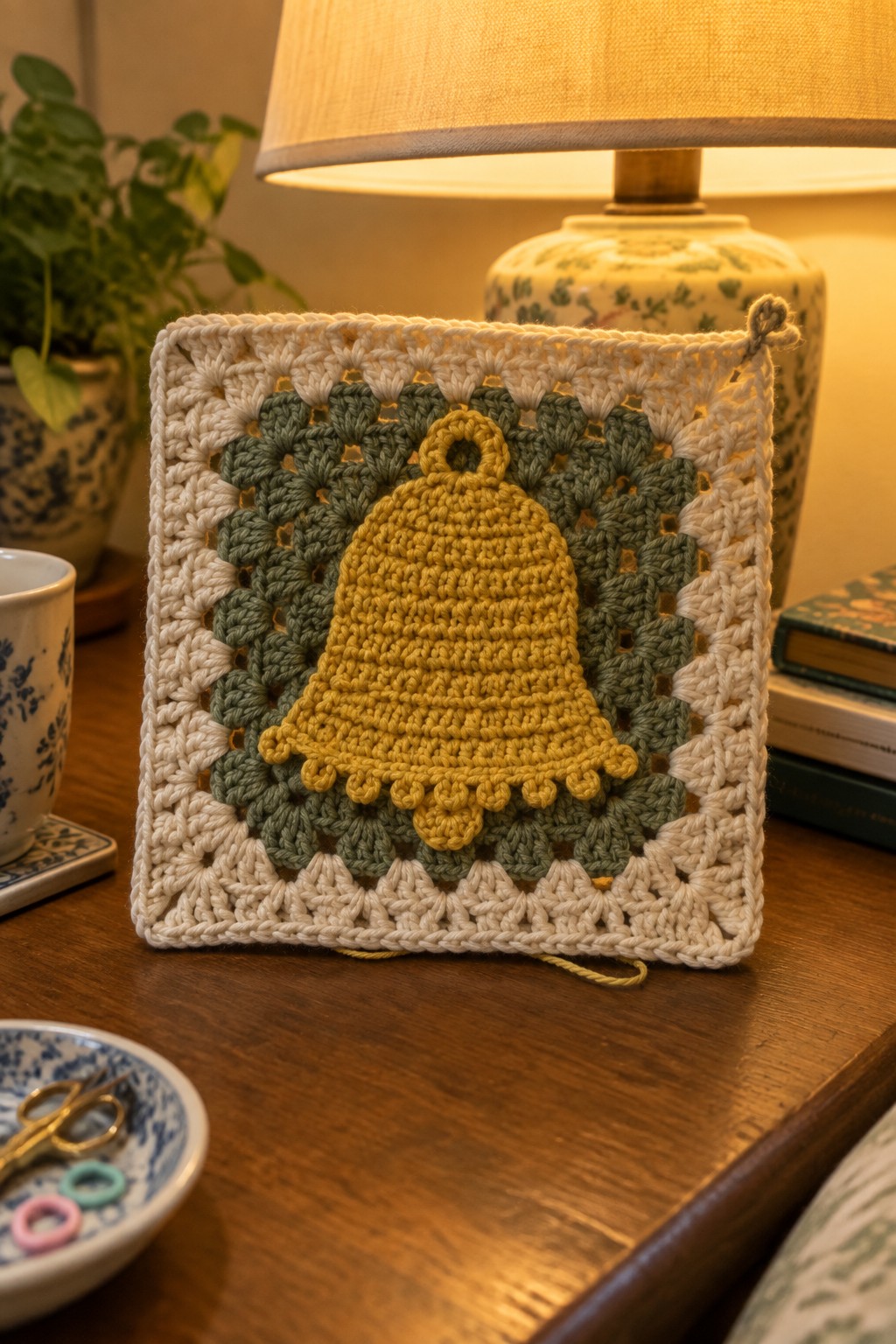 Yellow crocheted bell on green and white granny square by glowing lamp