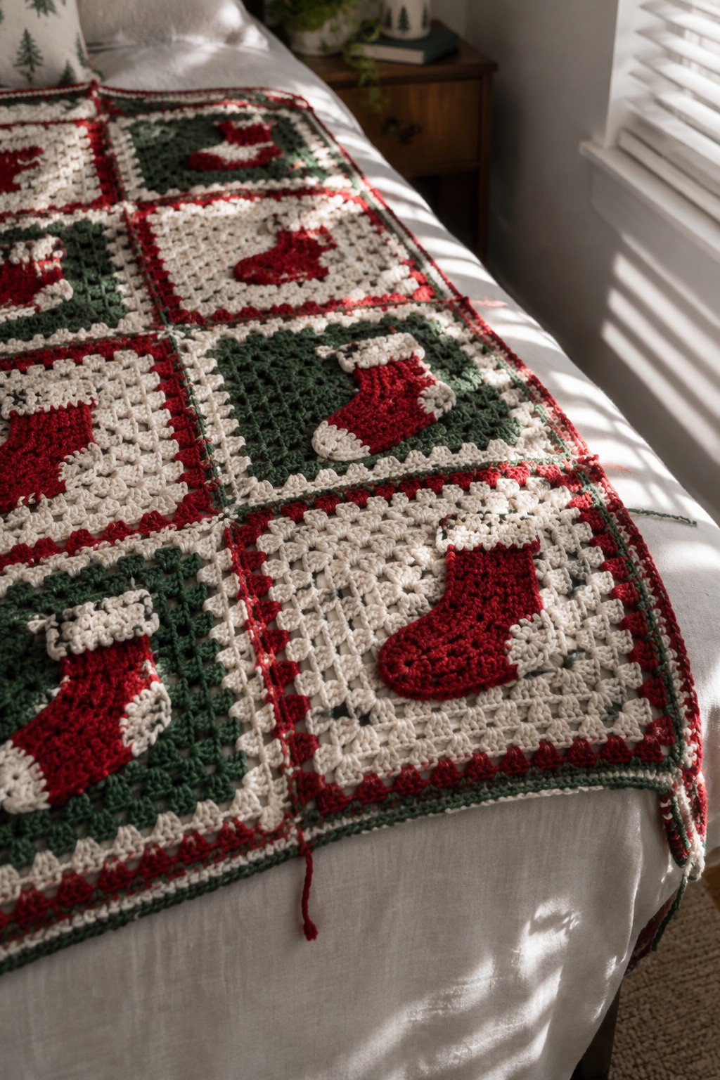 Christmas crochet blanket with red stockings on white, red, and green squares over bed