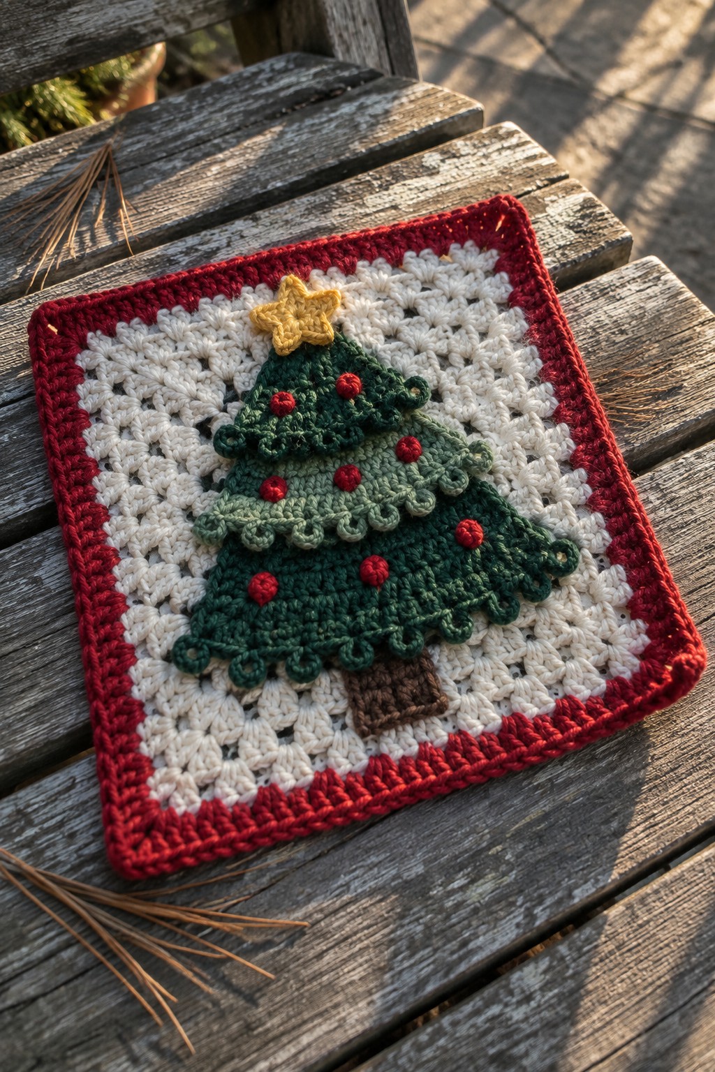 Crocheted Christmas tree on white granny square with red border on wood