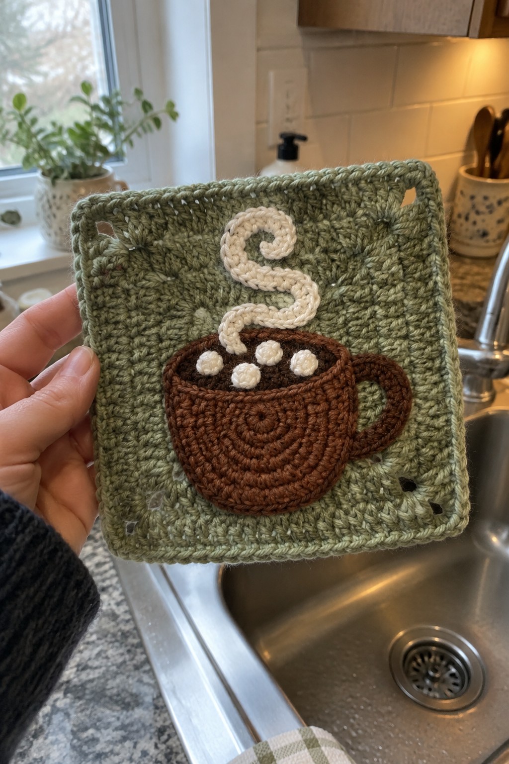 Hand holding green crocheted square with brown coffee cup and white steam swirls