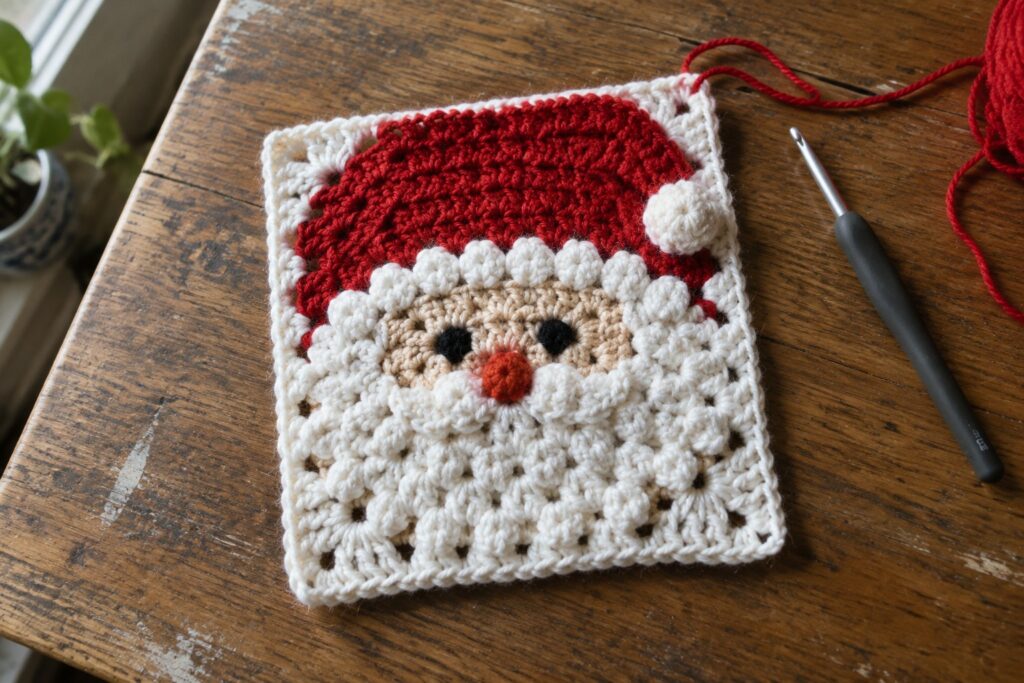 Crocheted Santa Claus square with red hat and beard beside crochet hook