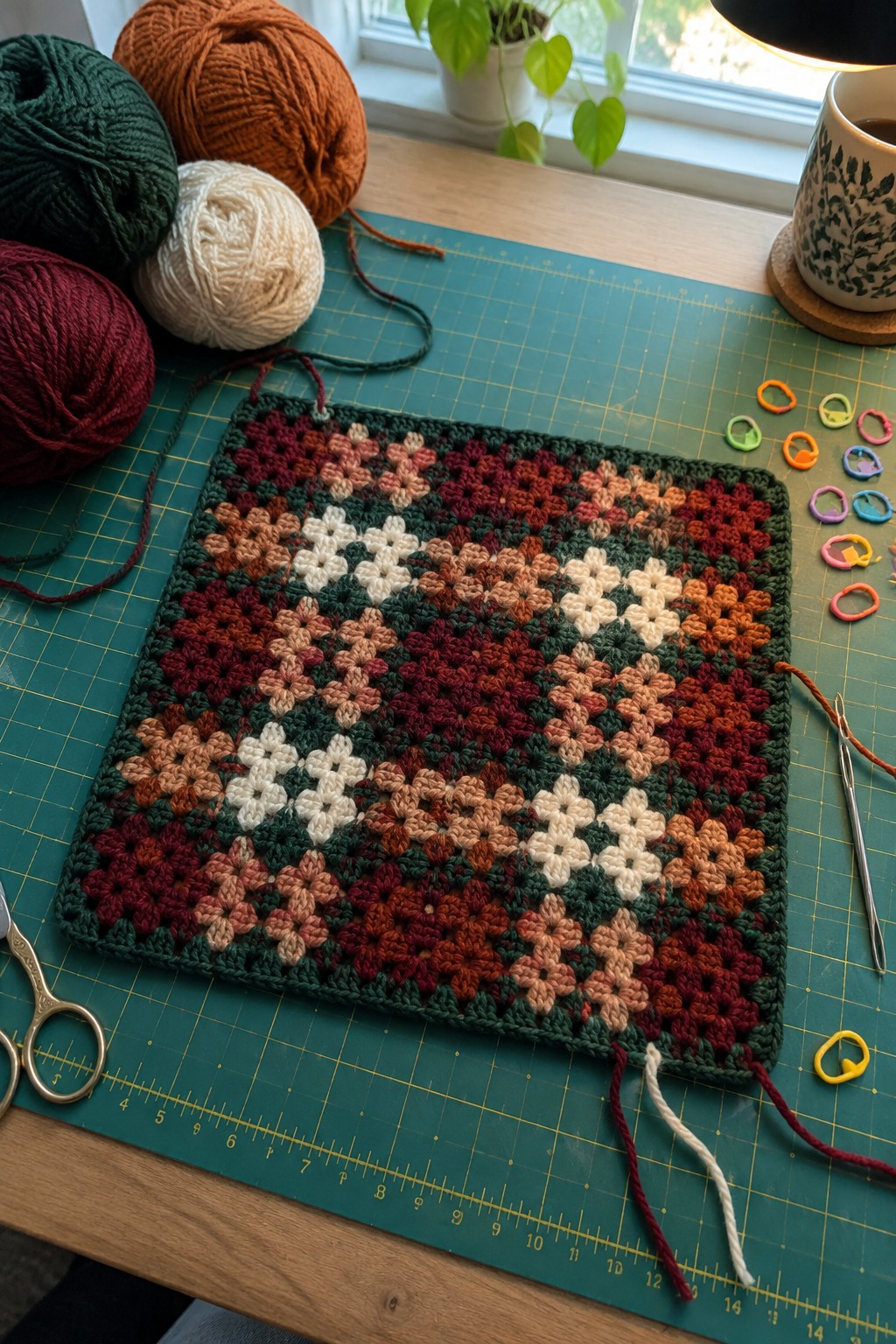 Crocheted floral granny square in autumn tones on green mat with yarn balls and tools.