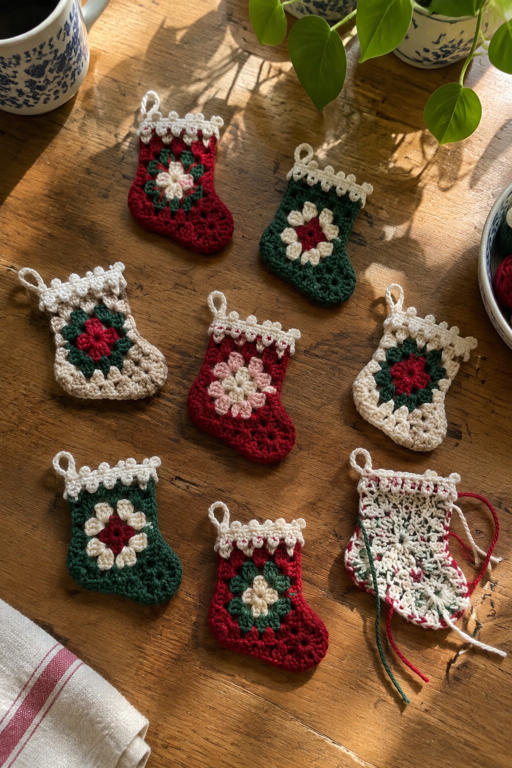 Assorted crocheted Christmas stockings with floral patterns on a wooden table.