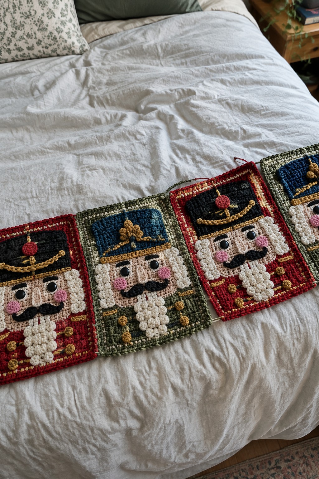 Four crocheted nutcracker squares in red and green on white bedding