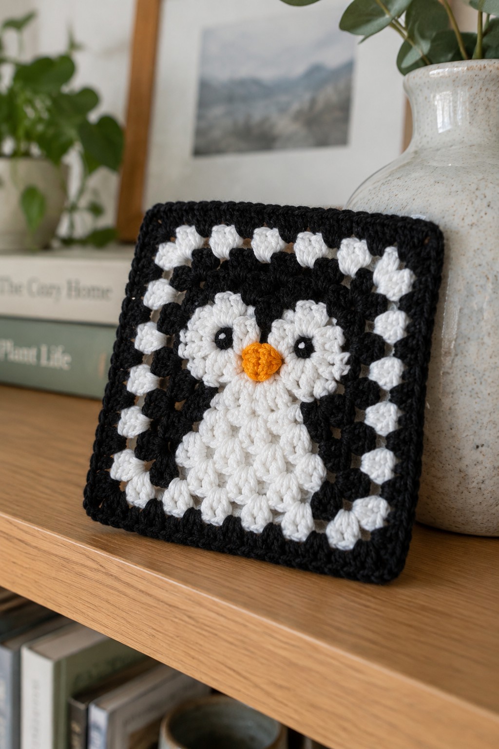 A crocheted square with a penguin design in black, white, and orange yarn on a wooden shelf.