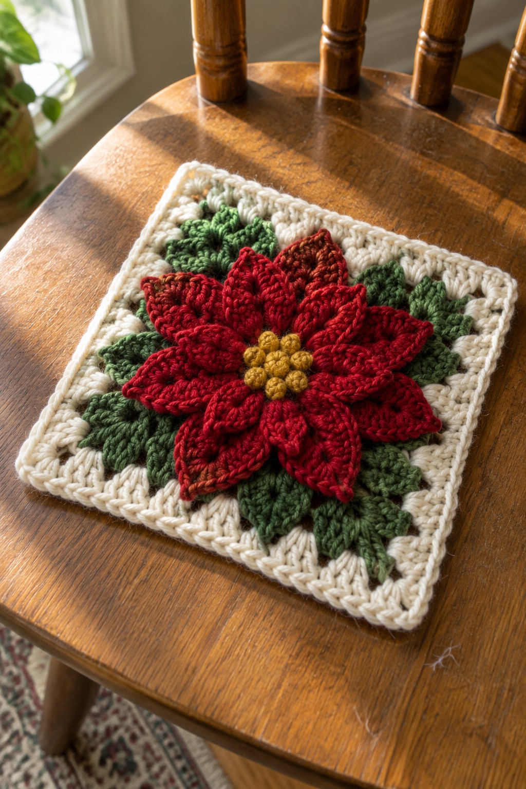 Crocheted red poinsettia with yellow center and green leaves on white square atop wooden chair