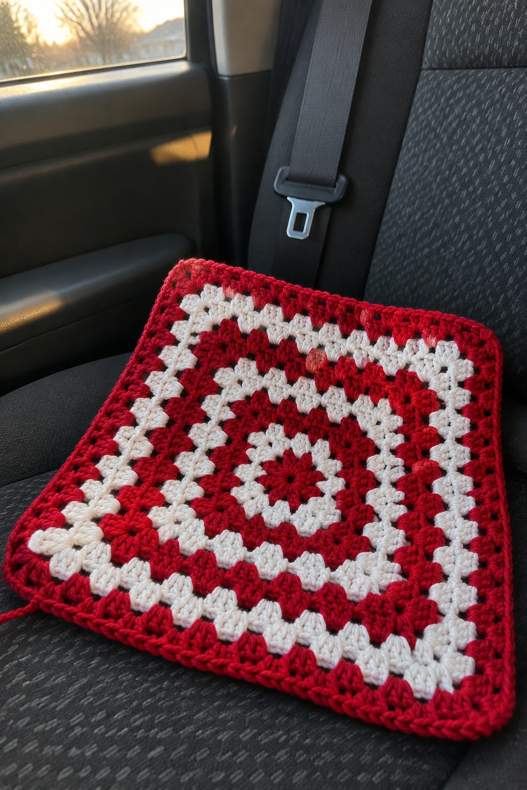 Red and white crocheted granny square with heart pattern on car seat