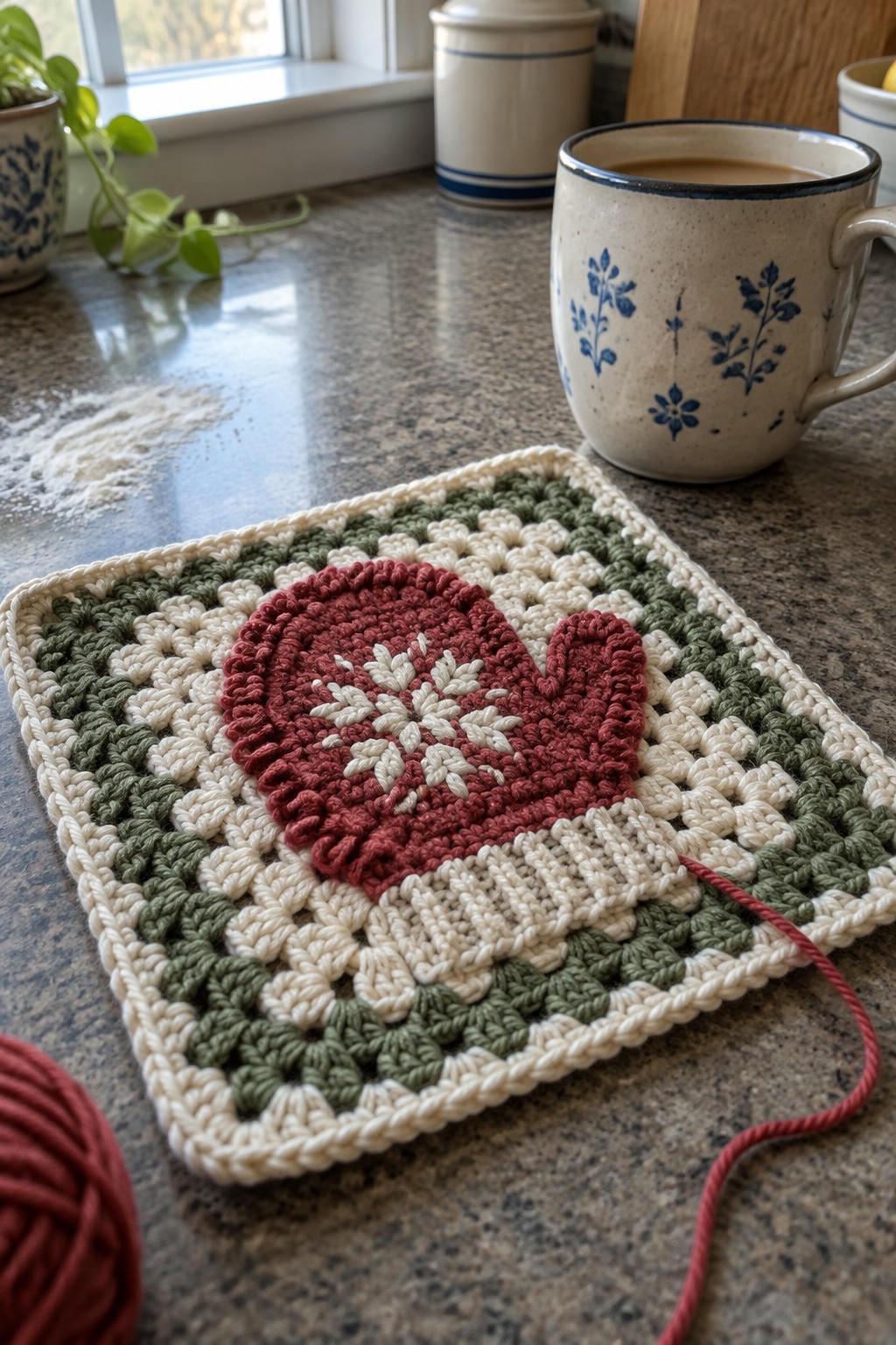 Crocheted square with red mitten motif beside floral mug and red yarn on counter.