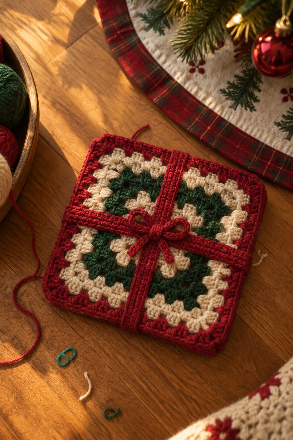 Crocheted red-green square gift with yarn bow on wooden floor near Christmas tree skirt