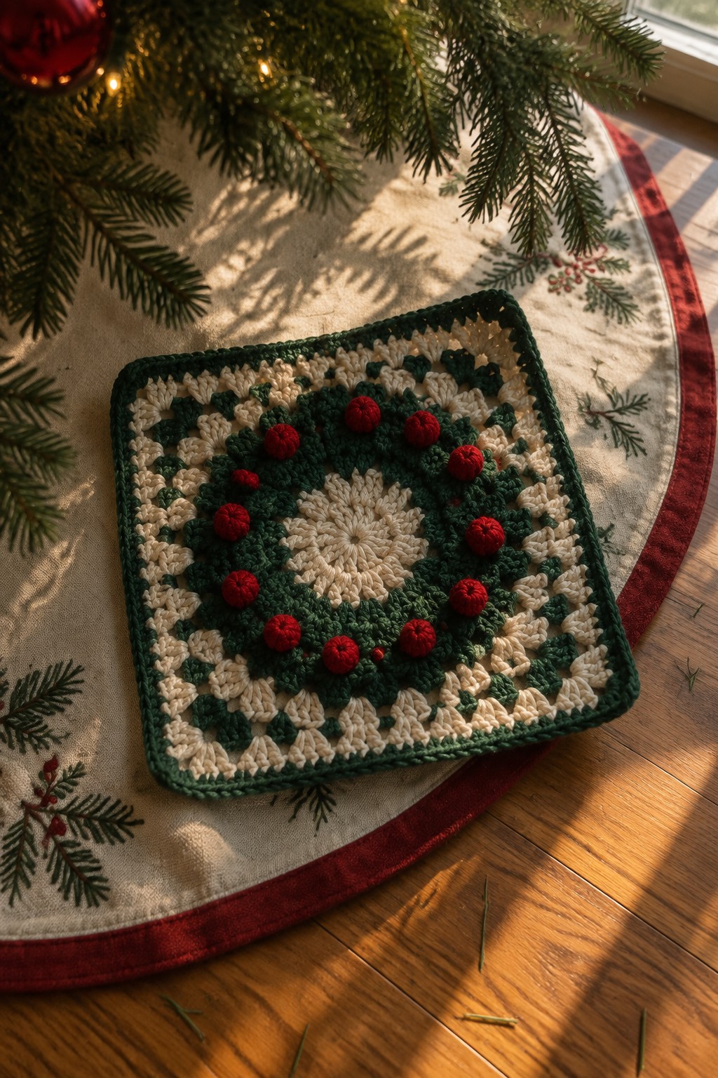 Crocheted wreath square with red pom-poms under Christmas tree on wooden floor