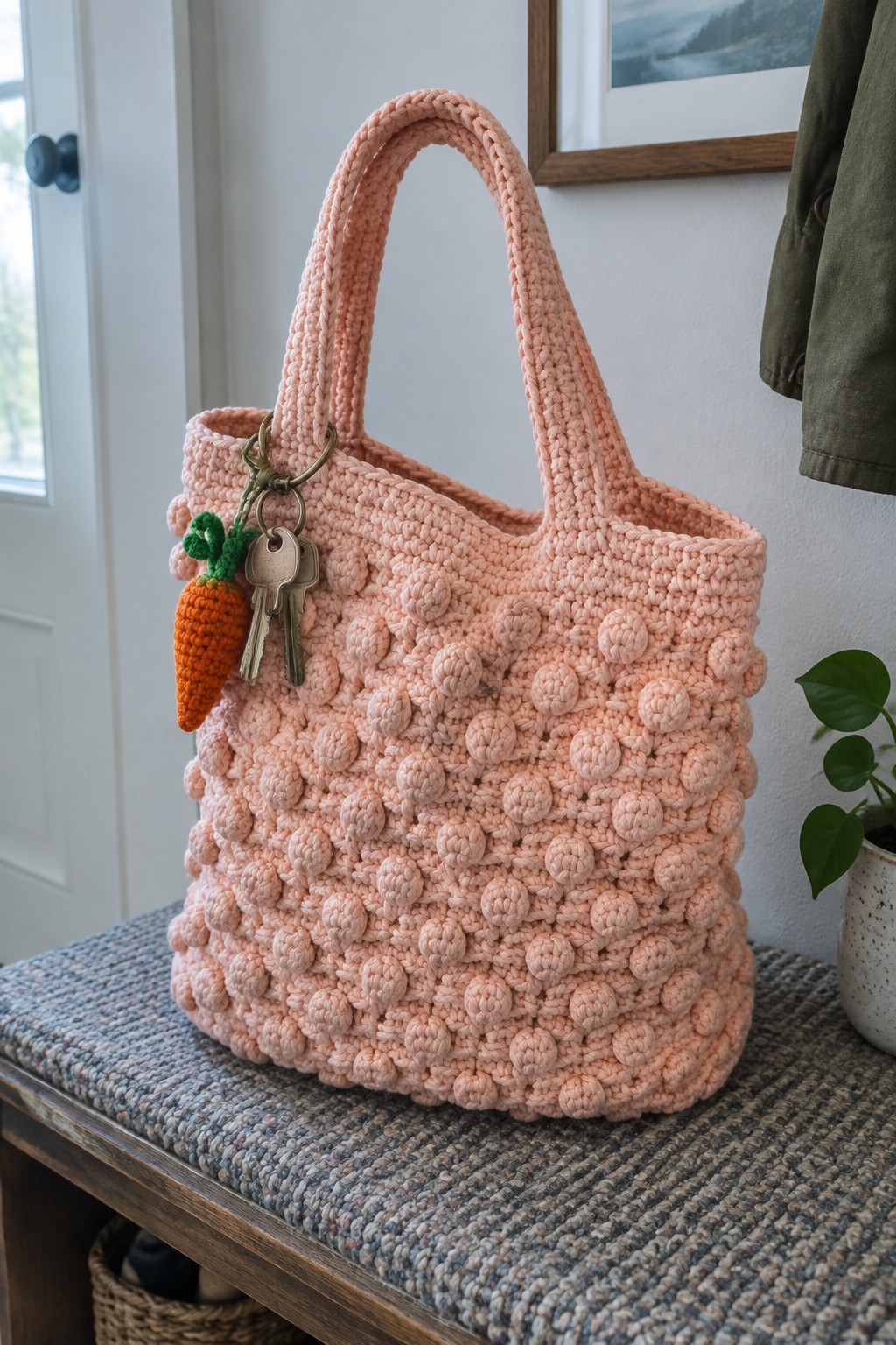 Pink crocheted bobble tote bag with carrot keychain on woven bench.