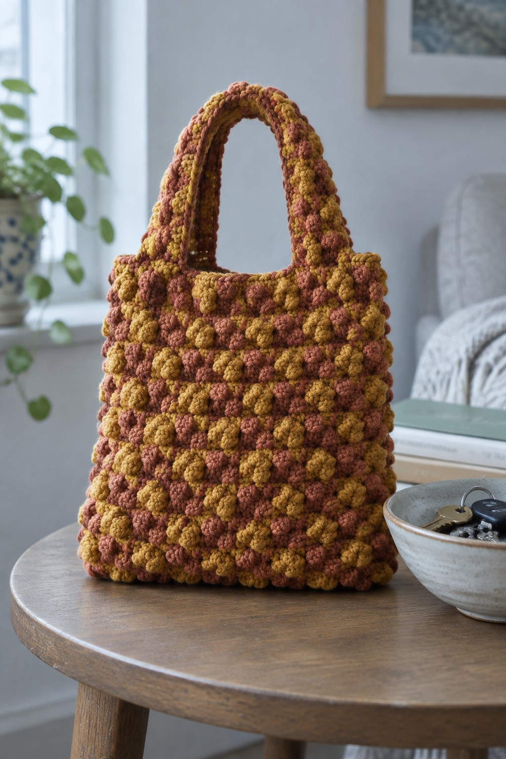Crocheted tote bag in bobble stitch with yellow and rust stripes on a wooden table.