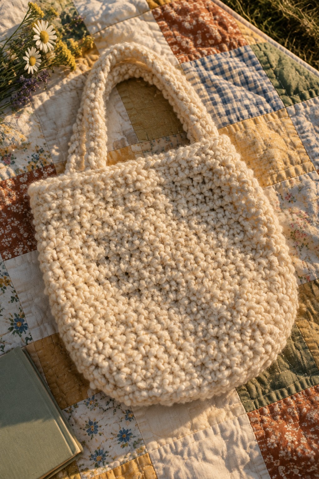 Chunky cream knit bag on colorful patchwork quilt with wildflowers and book in sunlight