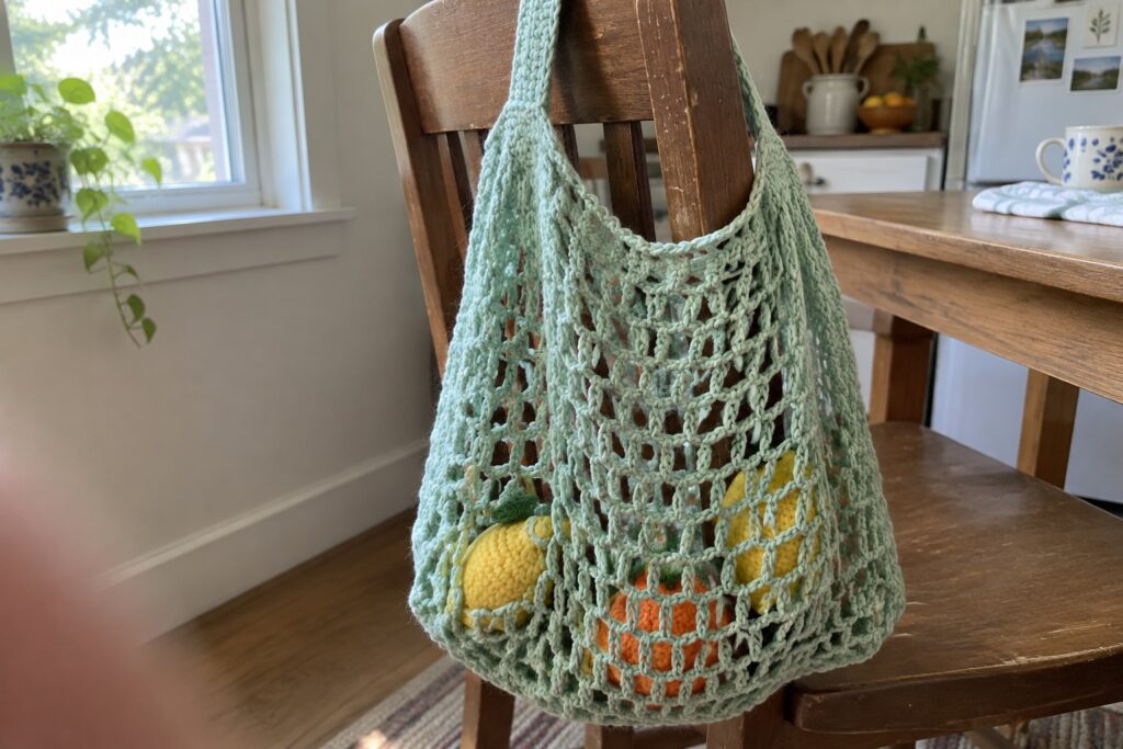21 Practical Crochet Market Bags for Reusable Shopping Mint green crocheted mesh bag with oranges and lemons on wooden chair.