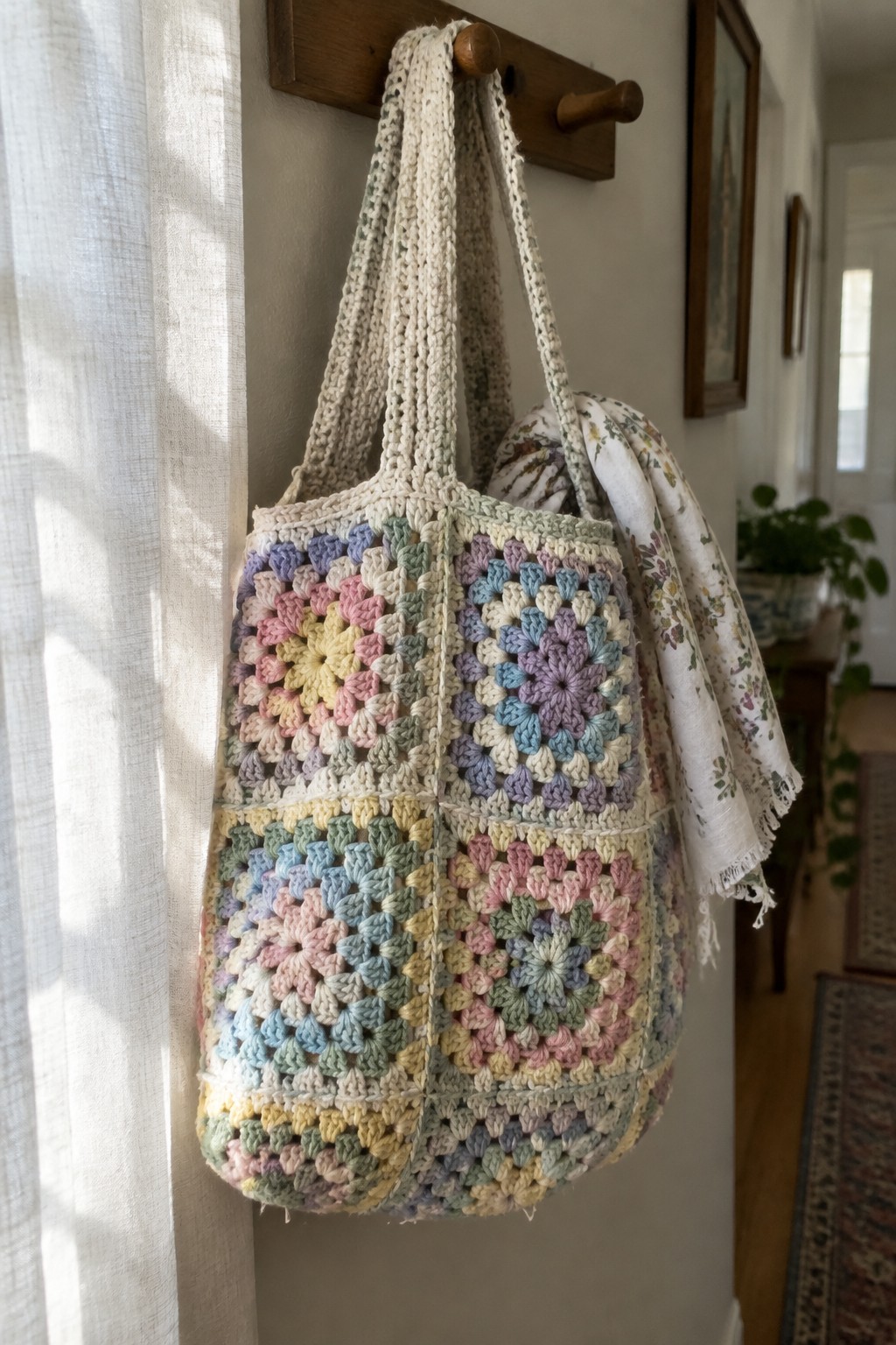 Pastel crocheted granny square tote bag hanging on wooden hook with floral cloth