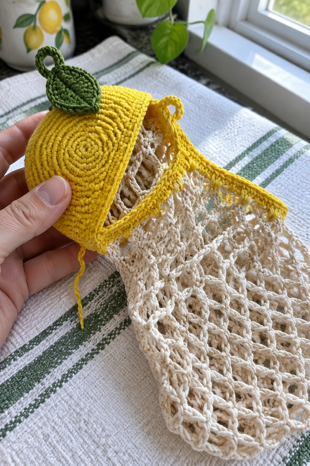 Hand holding yellow crocheted lemon pouch with green leaf and beige mesh bag