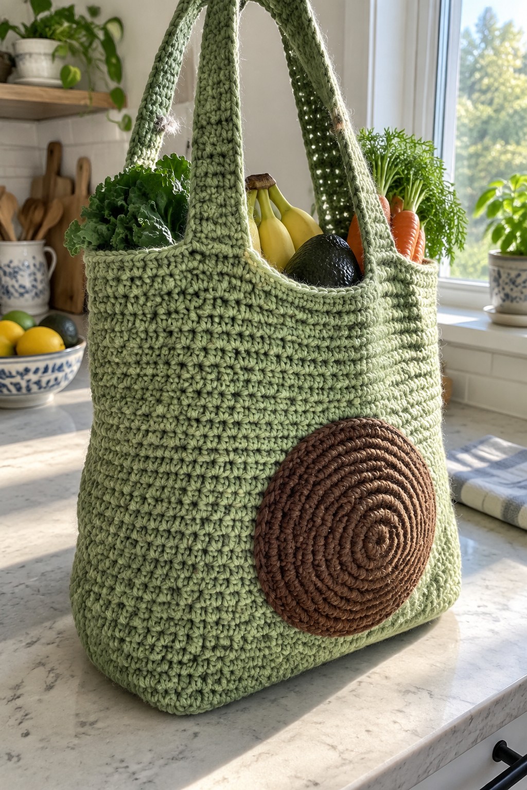 Green crocheted tote bag with brown spiral patch holding bananas and produce on counter