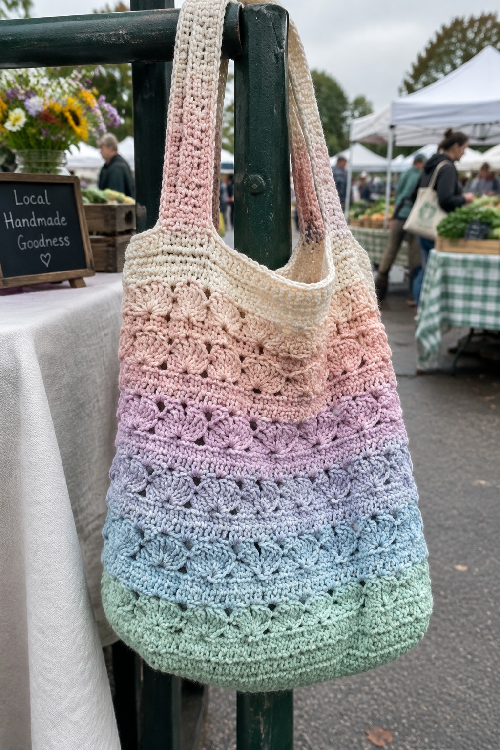 Ombre pastel crochet tote bag hanging on pole at outdoor farmers market