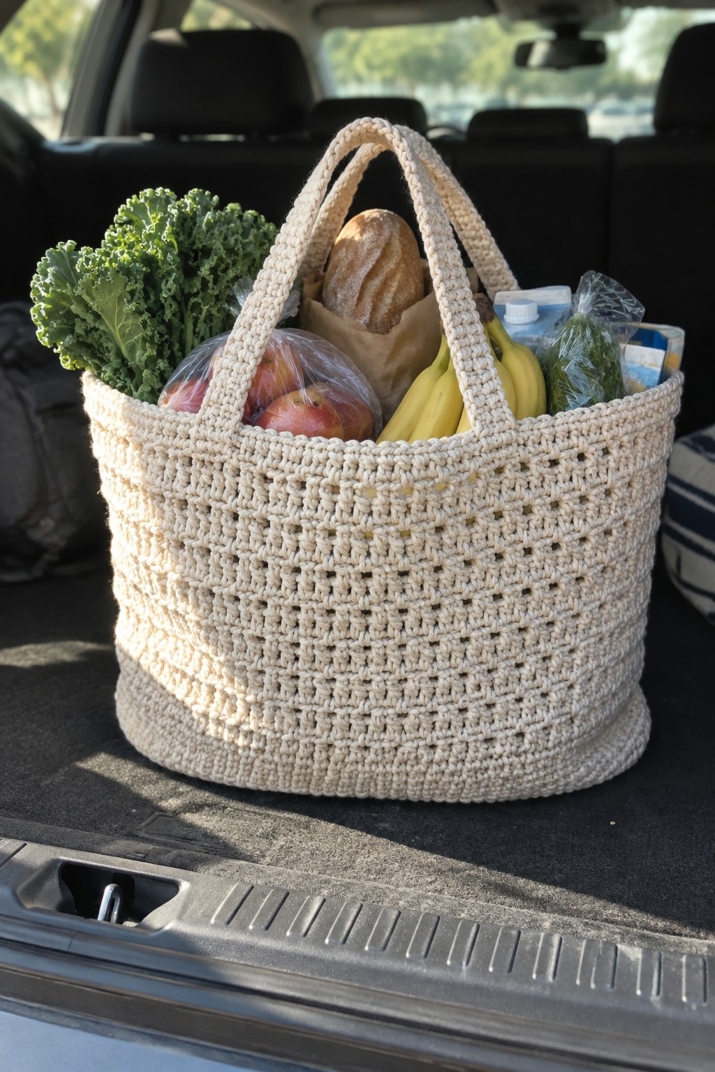 Beige crocheted basket filled with kale, apples, bananas, and bread in car trunk.