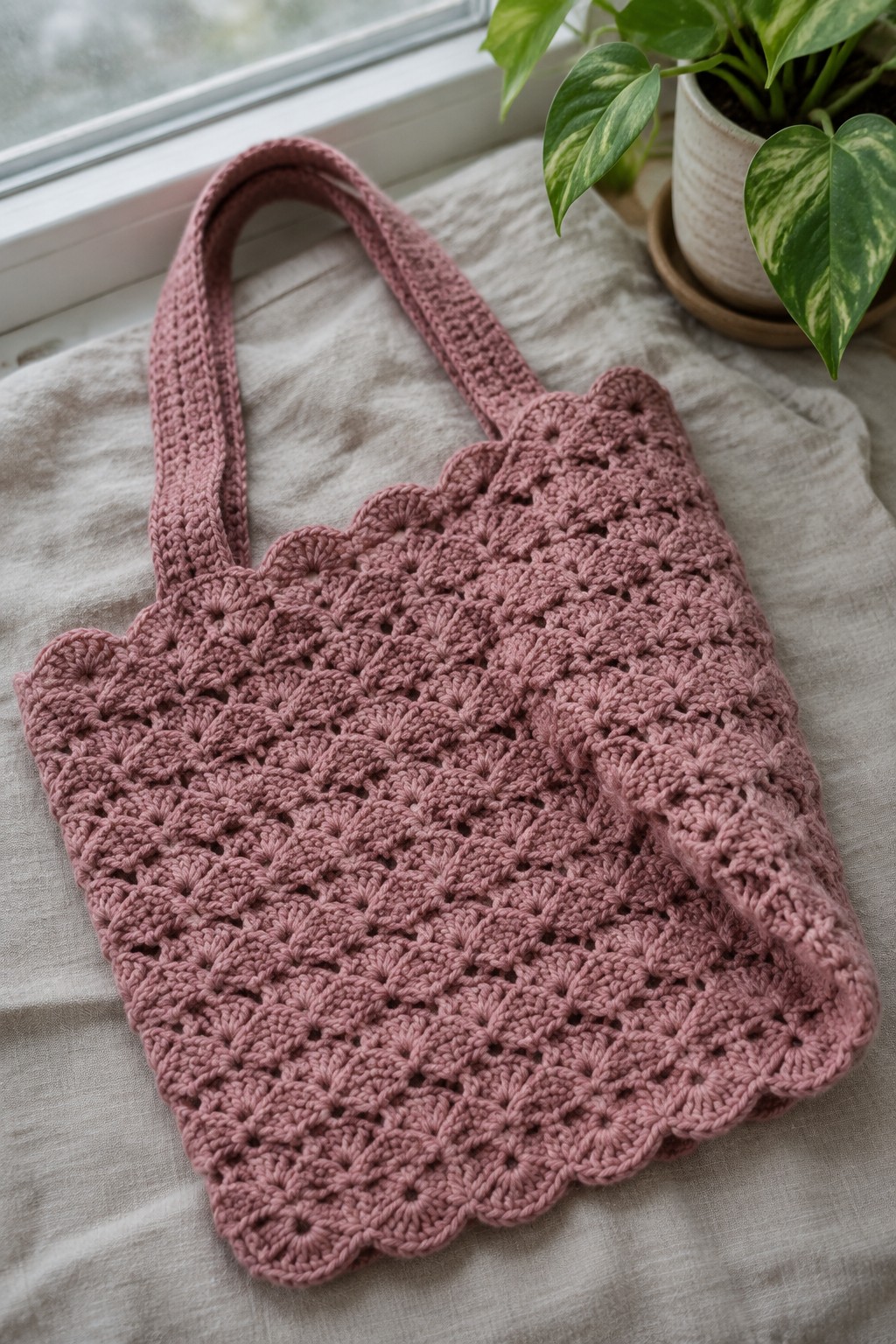 Pink crocheted tote bag with scalloped edges on beige fabric beside potted plant