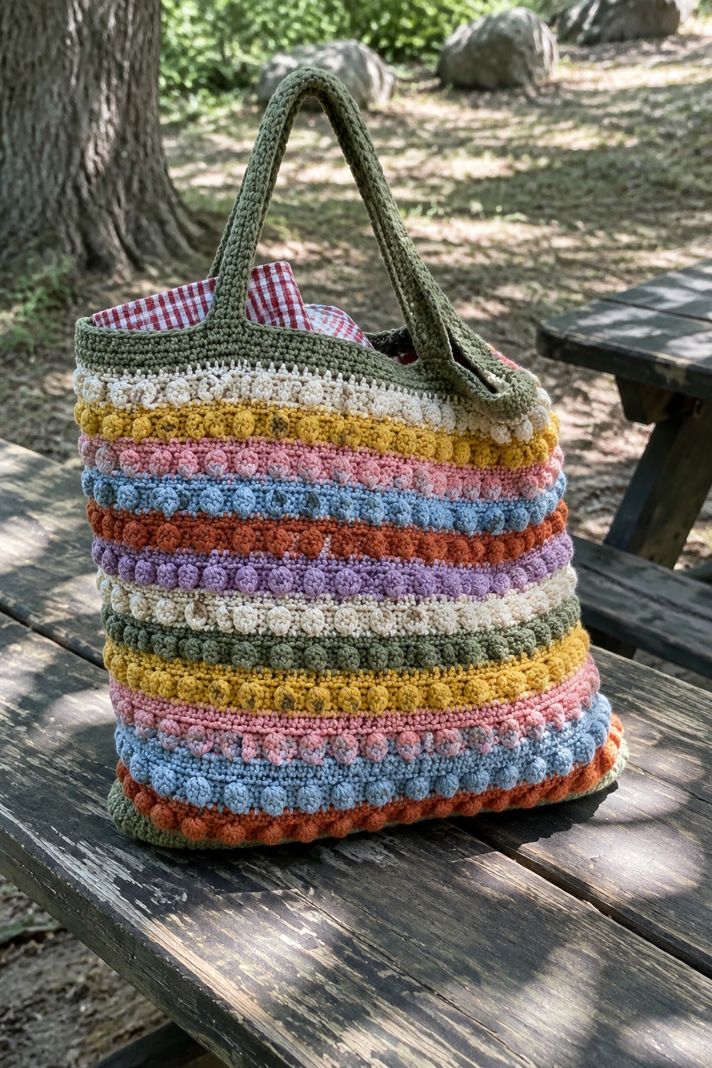 Colorful striped crocheted tote bag with green handles on wooden picnic table.