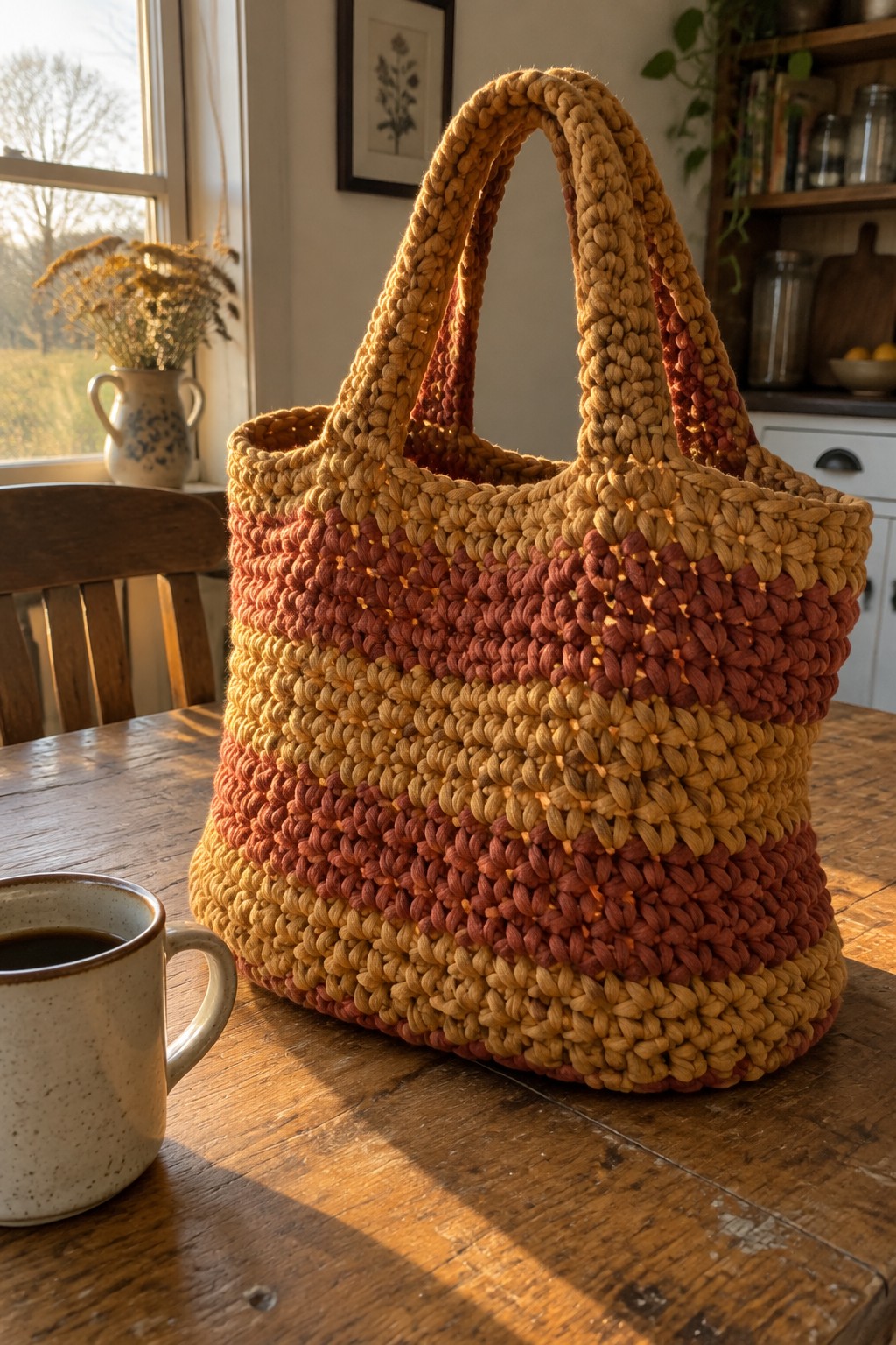 Crocheted market bag with yellow to rust stripes and thick handles rests on a wooden table next to a coffee mug.
