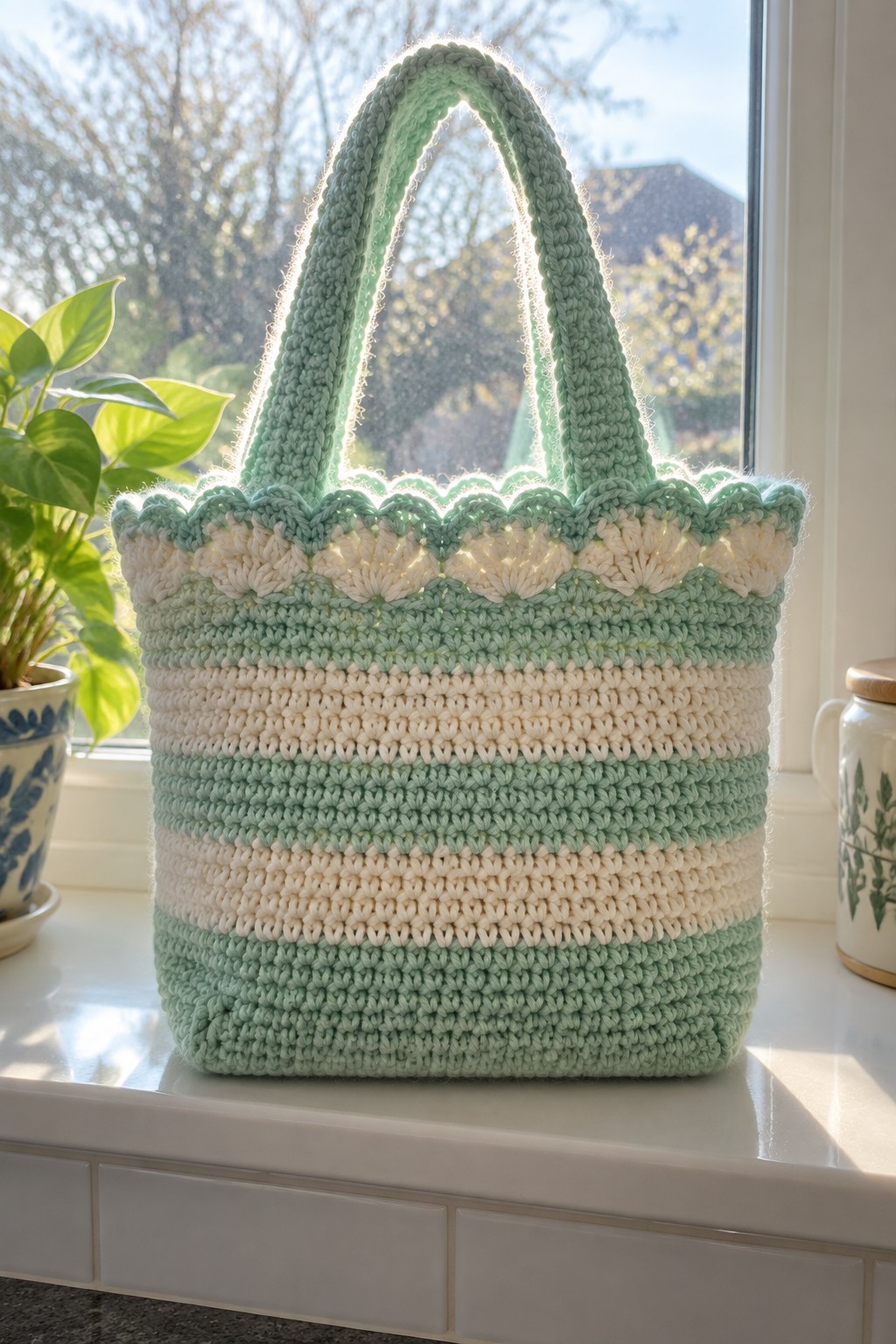 A crocheted market bag with mint green and cream stripes and a scalloped edge sits on a windowsill.