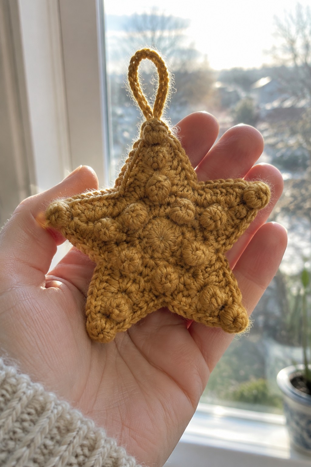 A mustard yellow crocheted star ornament with a hanging loop held in a hand.