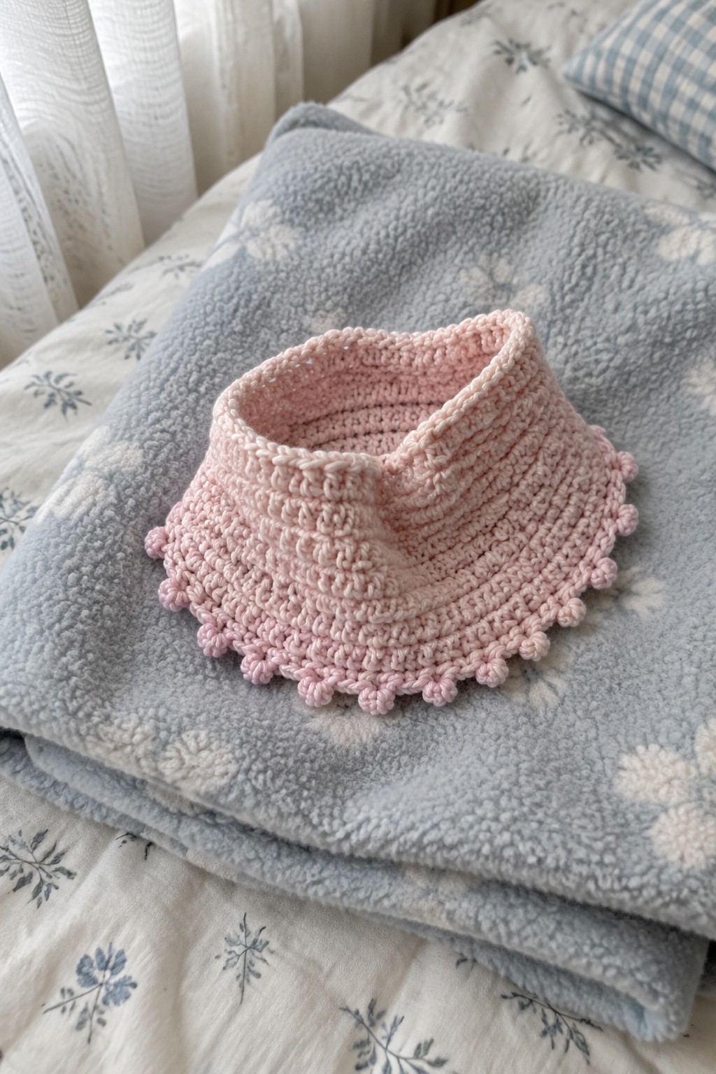 Pink crocheted collar with pom-poms on blue fleece blanket over floral sheets