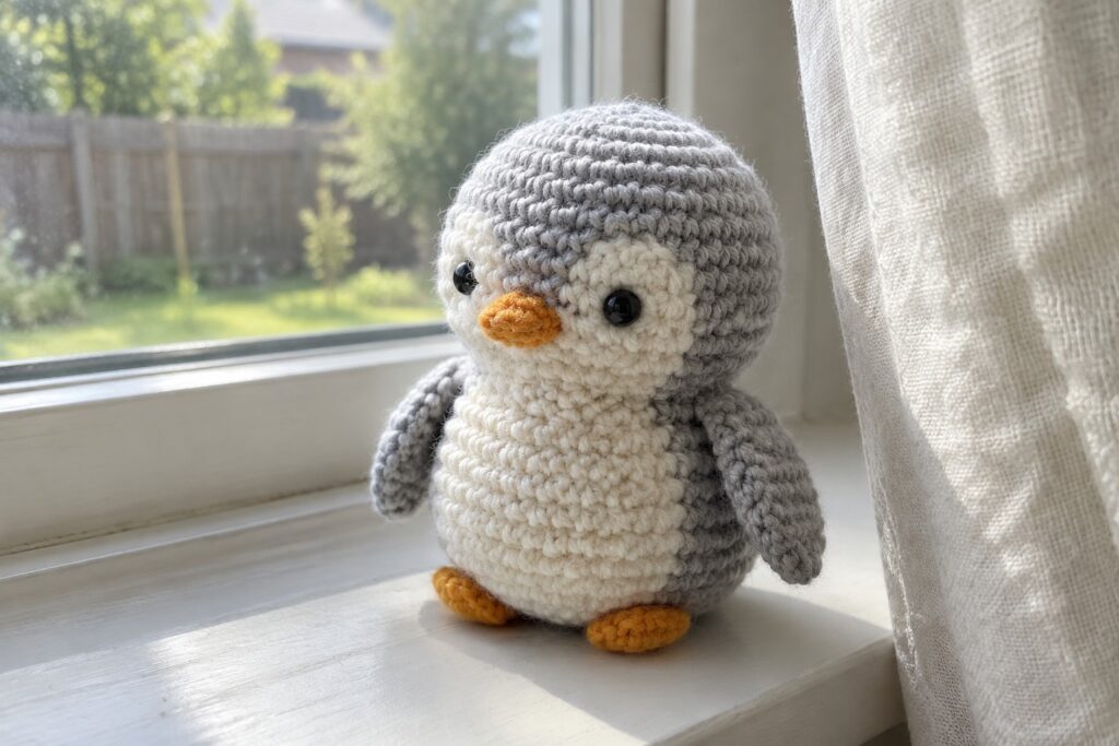 Crocheted gray penguin toy with orange beak on sunny windowsill by curtain