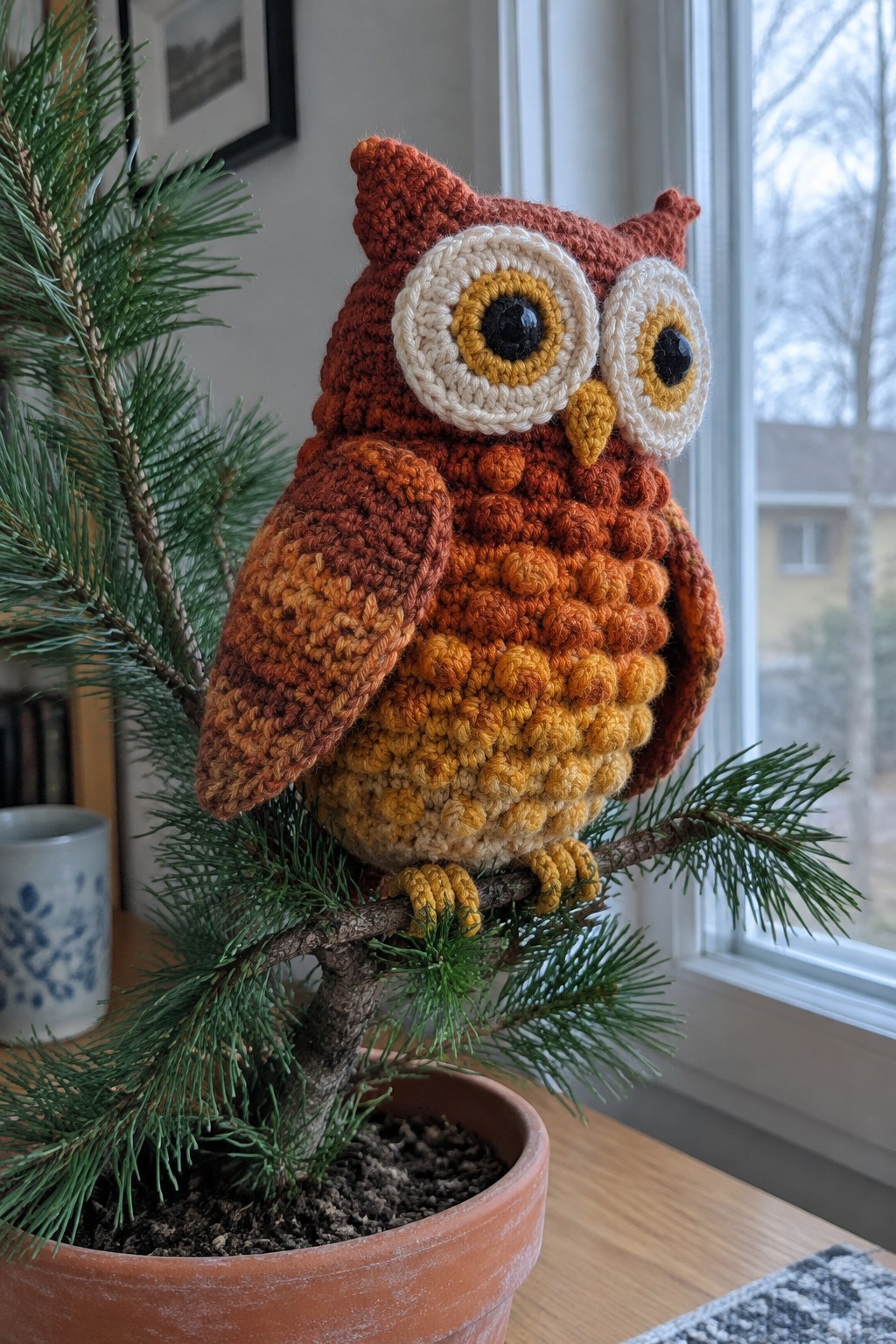 Crocheted orange-yellow owl perched on a small potted pine branch near window