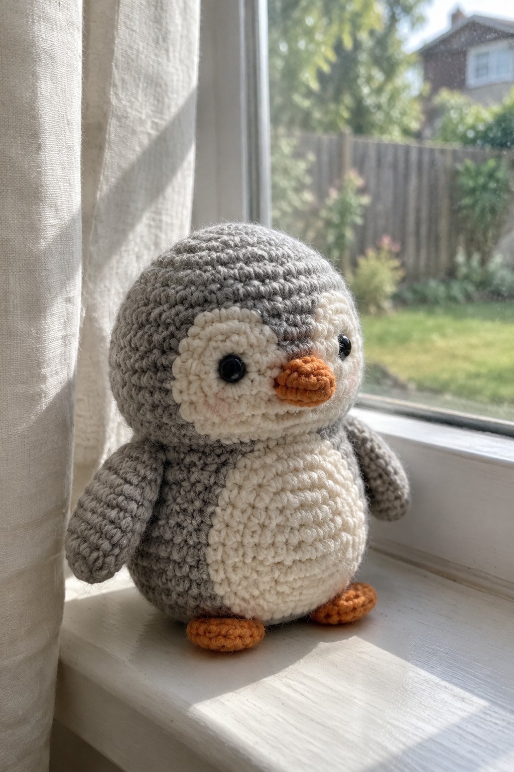 Crocheted gray penguin toy with orange beak on sunny windowsill by curtain