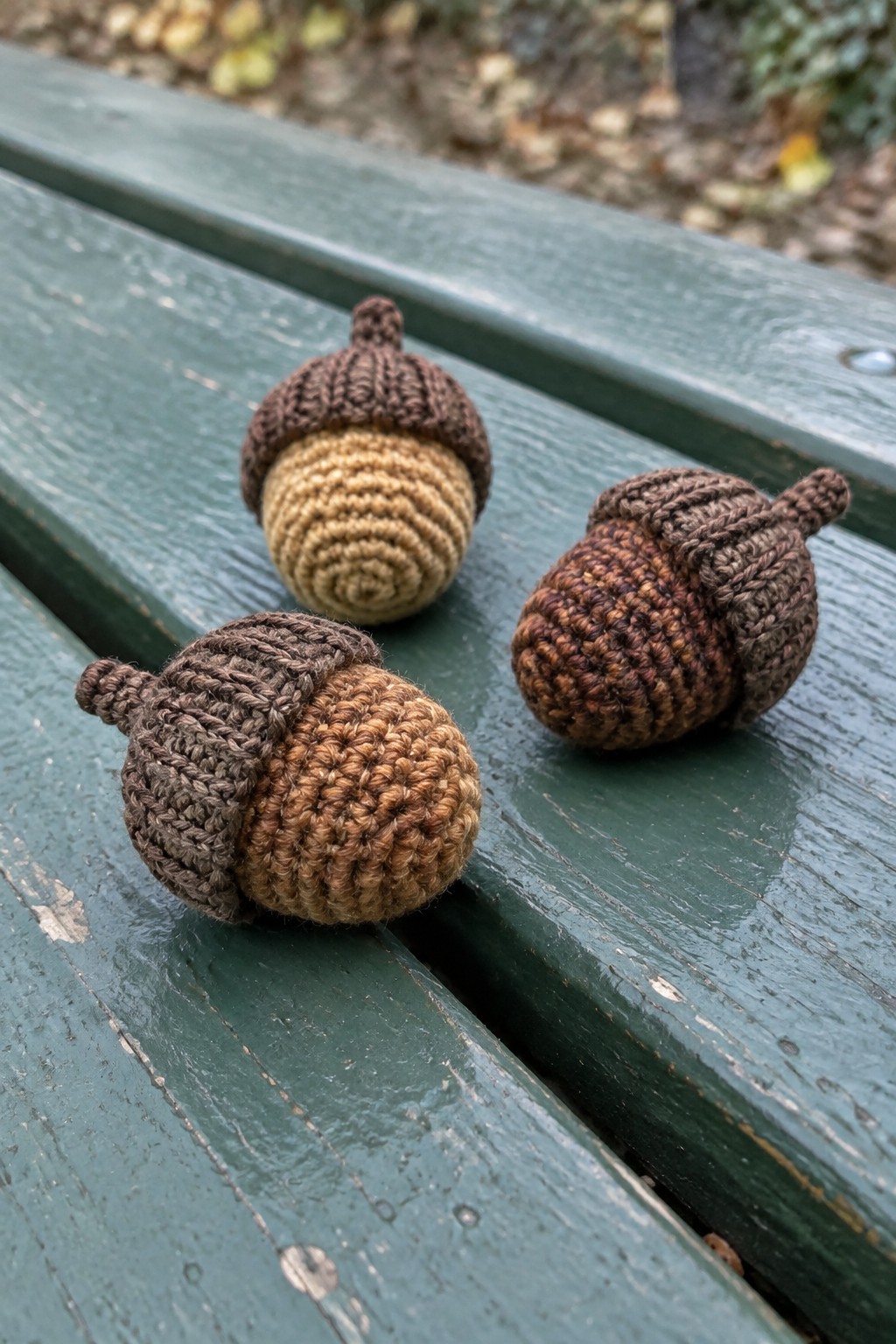 Three crocheted acorns in brown tones on a green wooden bench.