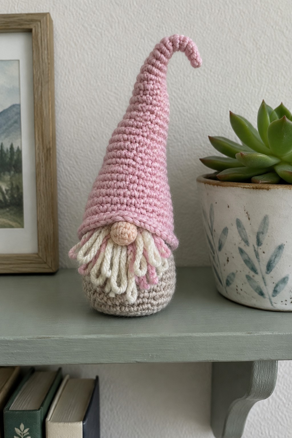 A small crocheted gnome with a tall pink hat and fringed beard sits on a green shelf beside a ceramic plant pot.