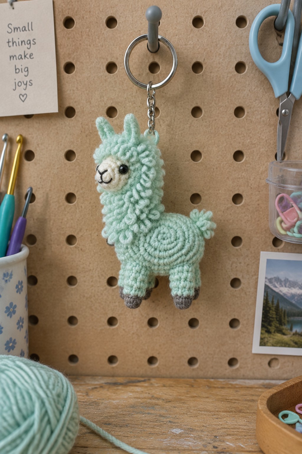 Mint green crocheted llama keychain hanging from a pegboard amid craft supplies